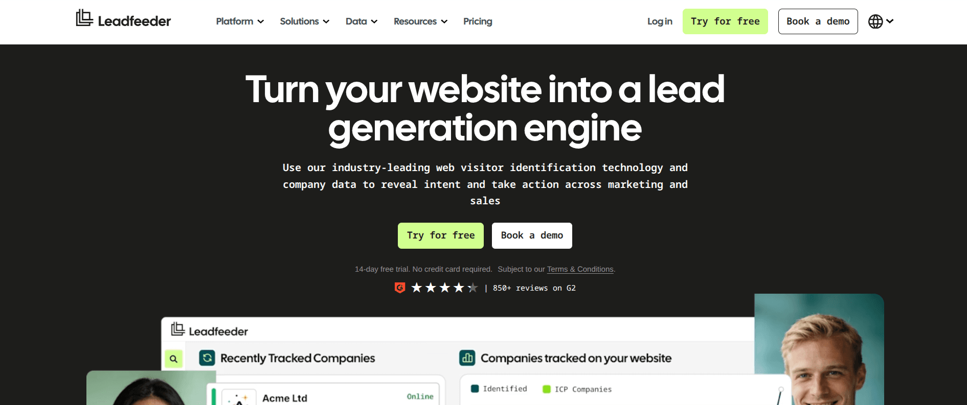 Leadfeeder website visitor identification dashboard showing company-level traffic and firmographic data